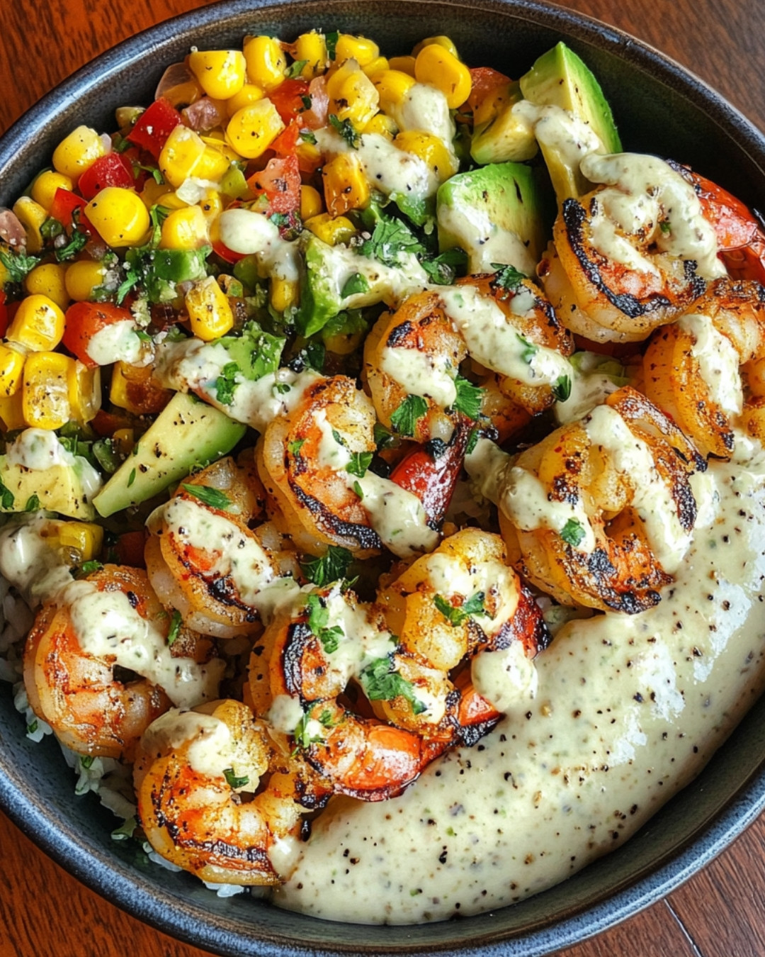 Grilled Shrimp Bowl with Avocado Corn Salsa & Creamy Garlic Sauce 4 Grilled Shrimp Bowl with Avocado Corn Salsa & Creamy Garlic Sauce