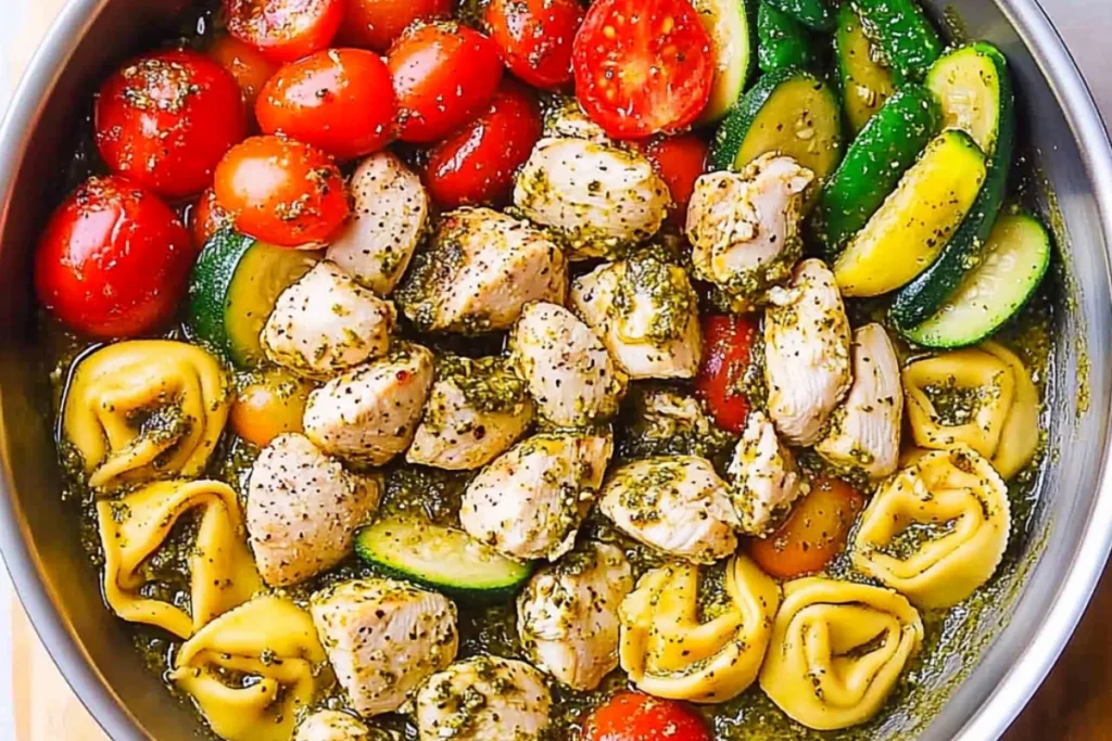 Delicious One-Pan Pesto Chicken Tortellini and Veggies