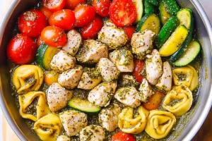 Delicious One-Pan Pesto Chicken Tortellini and Veggies