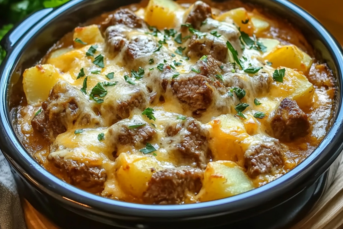 Delicious Slow Cooker Steak and Cheddar Potato Casserole
