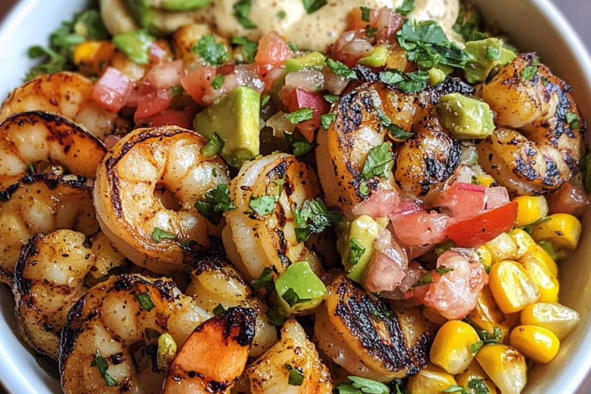Grilled Shrimp Bowl with Avocado Corn Salsa & Creamy Garlic Sauce
