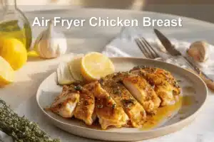 Air Fryer Chicken Breast on plate with golden chicken pieces lemon balsamic glaze
