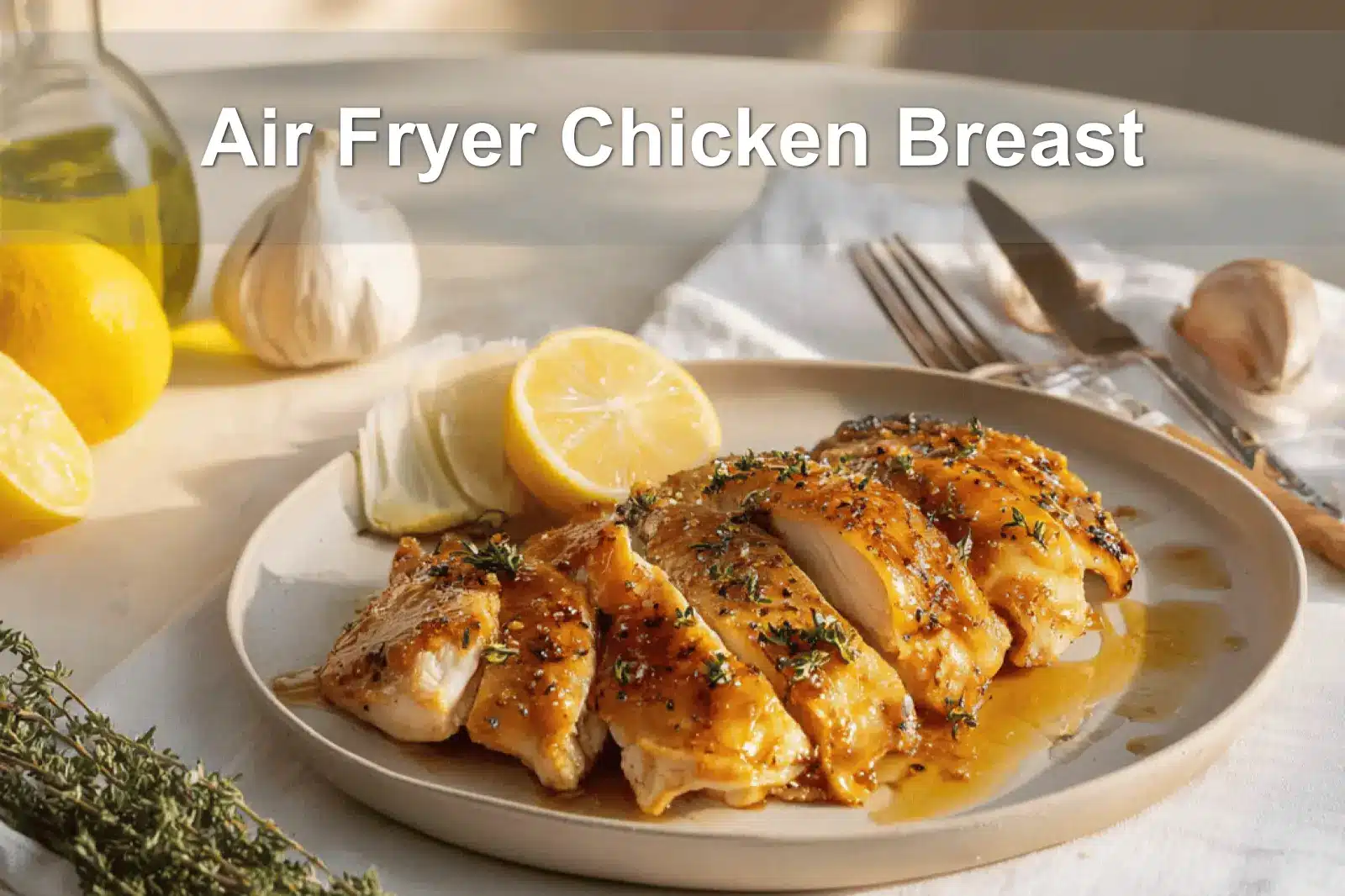Air Fryer Chicken Breast: Perfectly Juicy Every Time 4 Air Fryer Chicken Breast on plate with golden chicken pieces lemon balsamic glaze