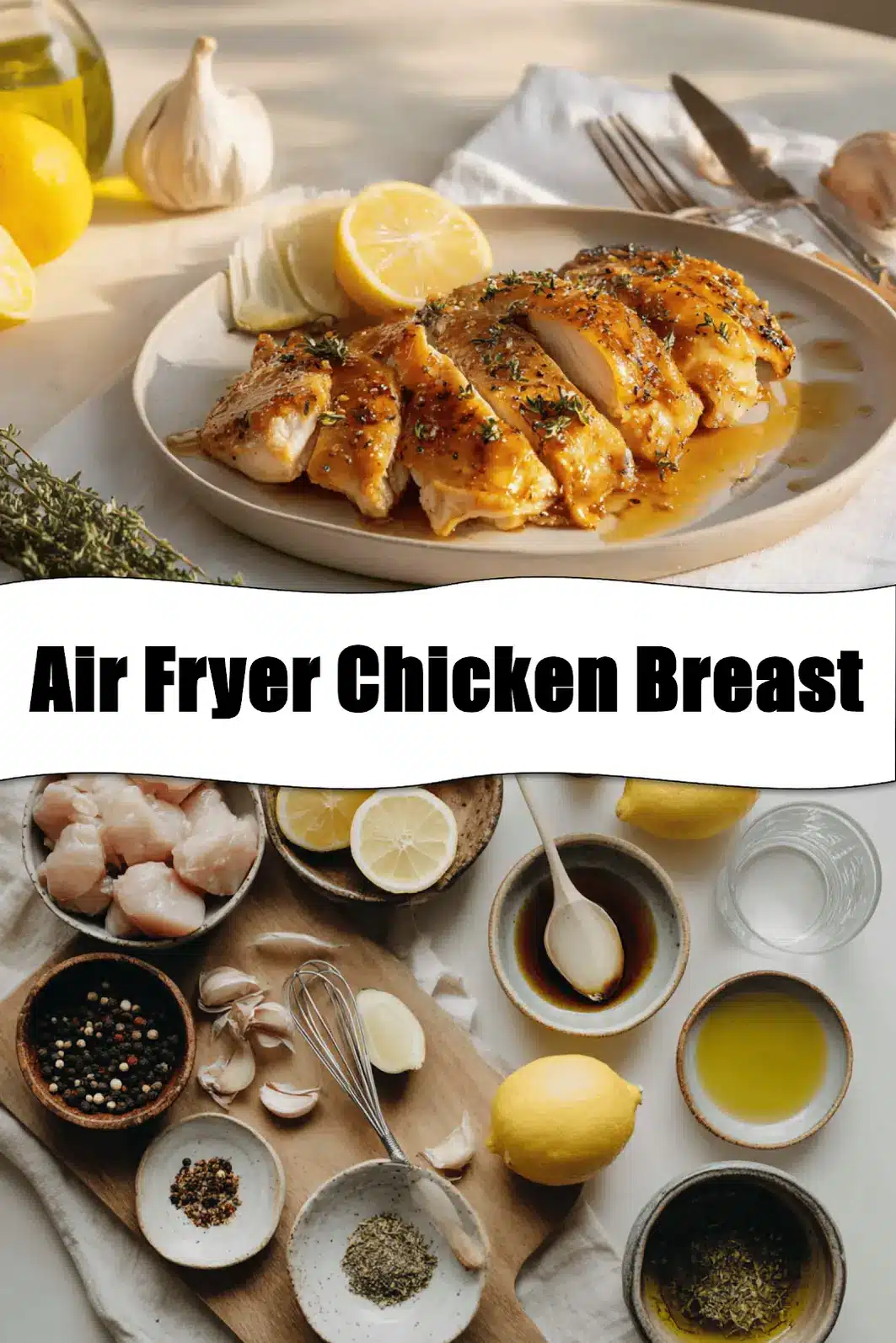 Air Fryer Chicken Breast: Perfectly Juicy Every Time 3 Air Fryer Chicken Breast on plate with golden chicken pieces lemon balsamic glaze_pin
