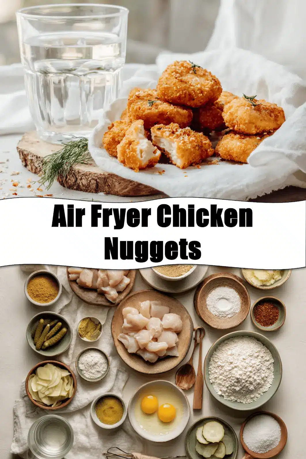 Air Fryer Chicken Nuggets: A Quick & Delicious Treat 2 Air Fryer Chicken Nuggets on white napkin with pickles and glass of water_pin