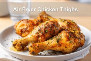 Air Fryer Chicken Thighs golden crisp skin served on white cloth with glass of water