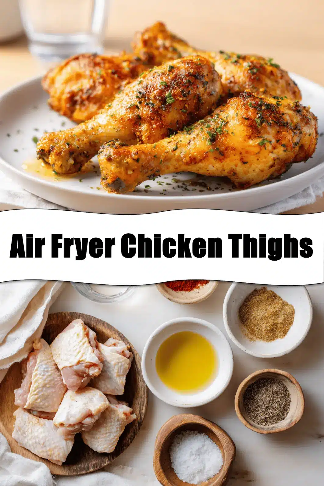 Air Fryer Chicken Thighs golden crisp skin served on white cloth with glass of water_pin