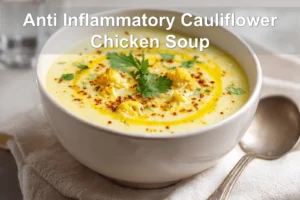Anti Inflammatory Cauliflower Chicken Soup warm bowl garnished with fresh herbs and creamy coconut drizzle