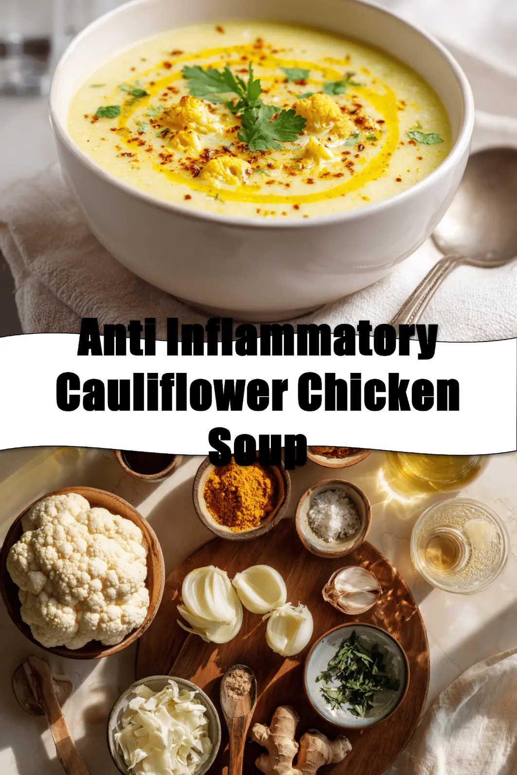 Anti-Inflammatory Cauliflower Chicken Soup Recipe Idea 2 Anti Inflammatory Cauliflower Chicken Soup warm bowl garnished with fresh herbs and creamy coconut drizzle_pin