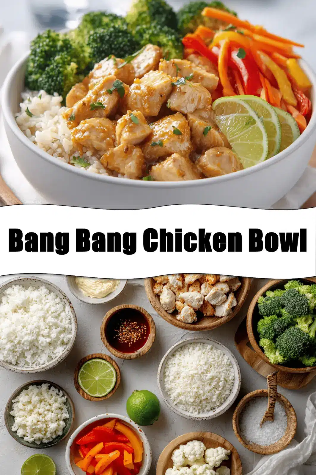 Bang Bang Chicken Bowl Irresistible Flavor Explosion 2 Bang Bang Chicken Bowl with tender-cooked chicken pieces rice cauliflower rice vegetables zesty creamy sauce lime_pin