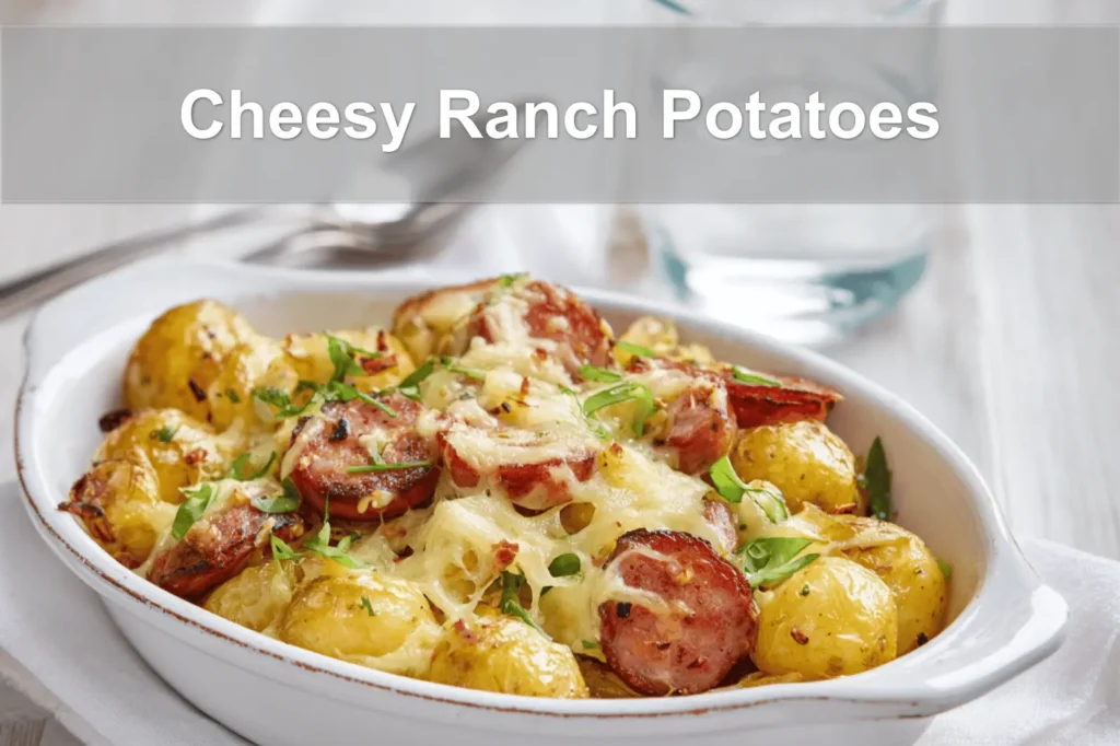 Cheesy Ranch Potatoes served with smoked sausage on white napkin, garnished with melted cheese and herbs.