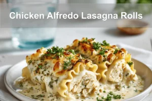 Chicken Alfredo Lasagna Rolls with fresh herbs on a plate, glass of water beside it