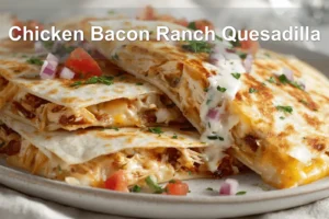 Chicken Bacon Ranch Quesadilla on white cloth with melted cheese herbs and tomato