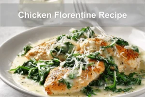 Chicken Florentine Recipe plated with spinach, creamy sauce, and cheese
