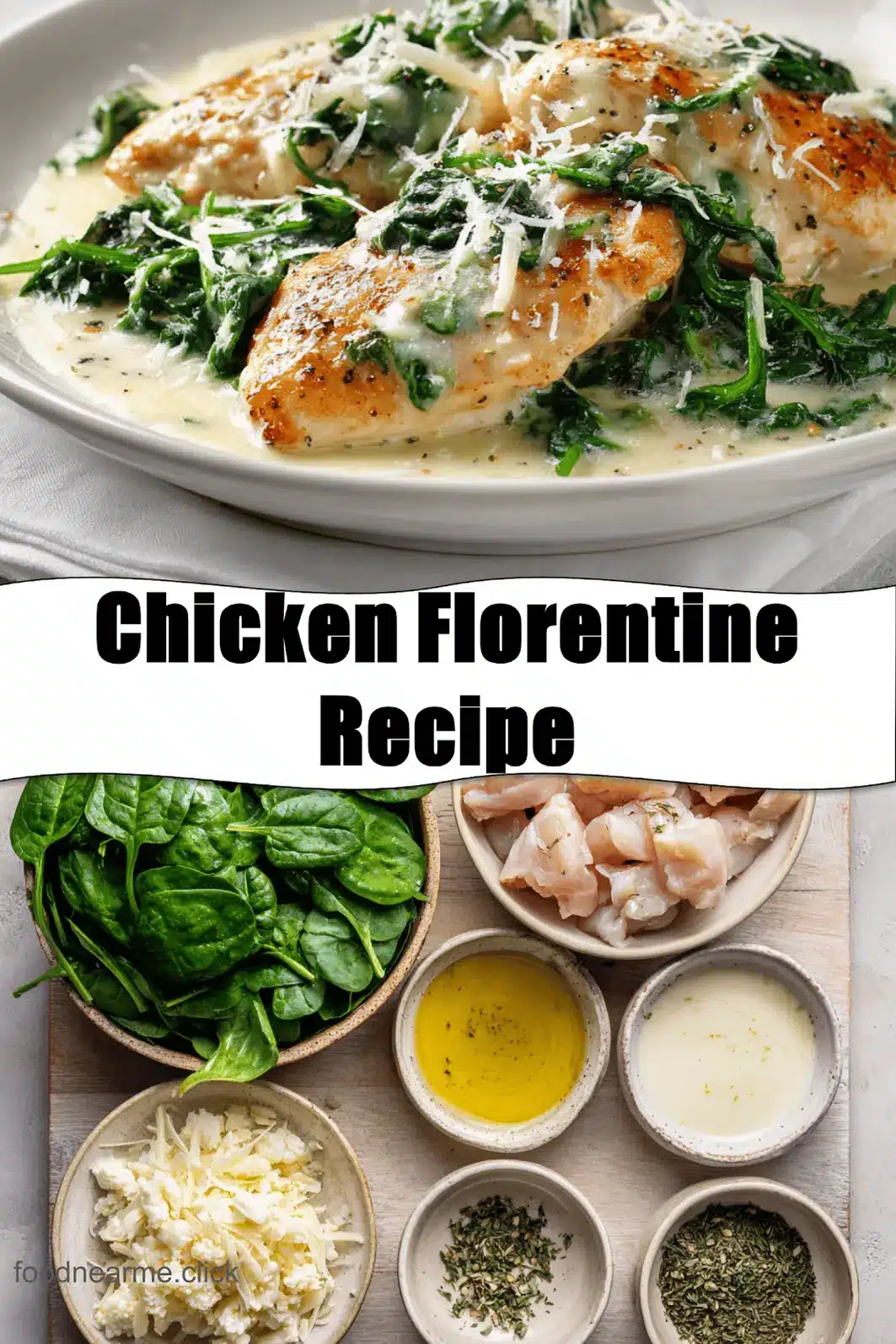 Chicken Florentine Recipe finished dish on white cloth with clear glass of water warm natural light_pin