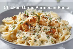 Chicken Garlic Parmesan Pasta plated with farfalle and grated cheese on white napkin beside clear water glass