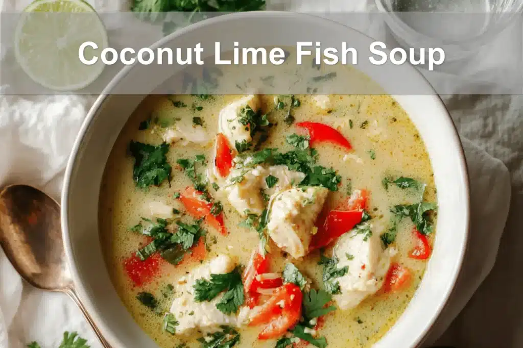 Coconut Lime Fish Soup on a white napkin with limes and herbs, warm and appetizing tones