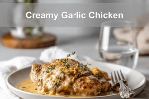 Creamy Garlic Chicken plated and styled with rich sauce, fresh herbs, and warm tones.