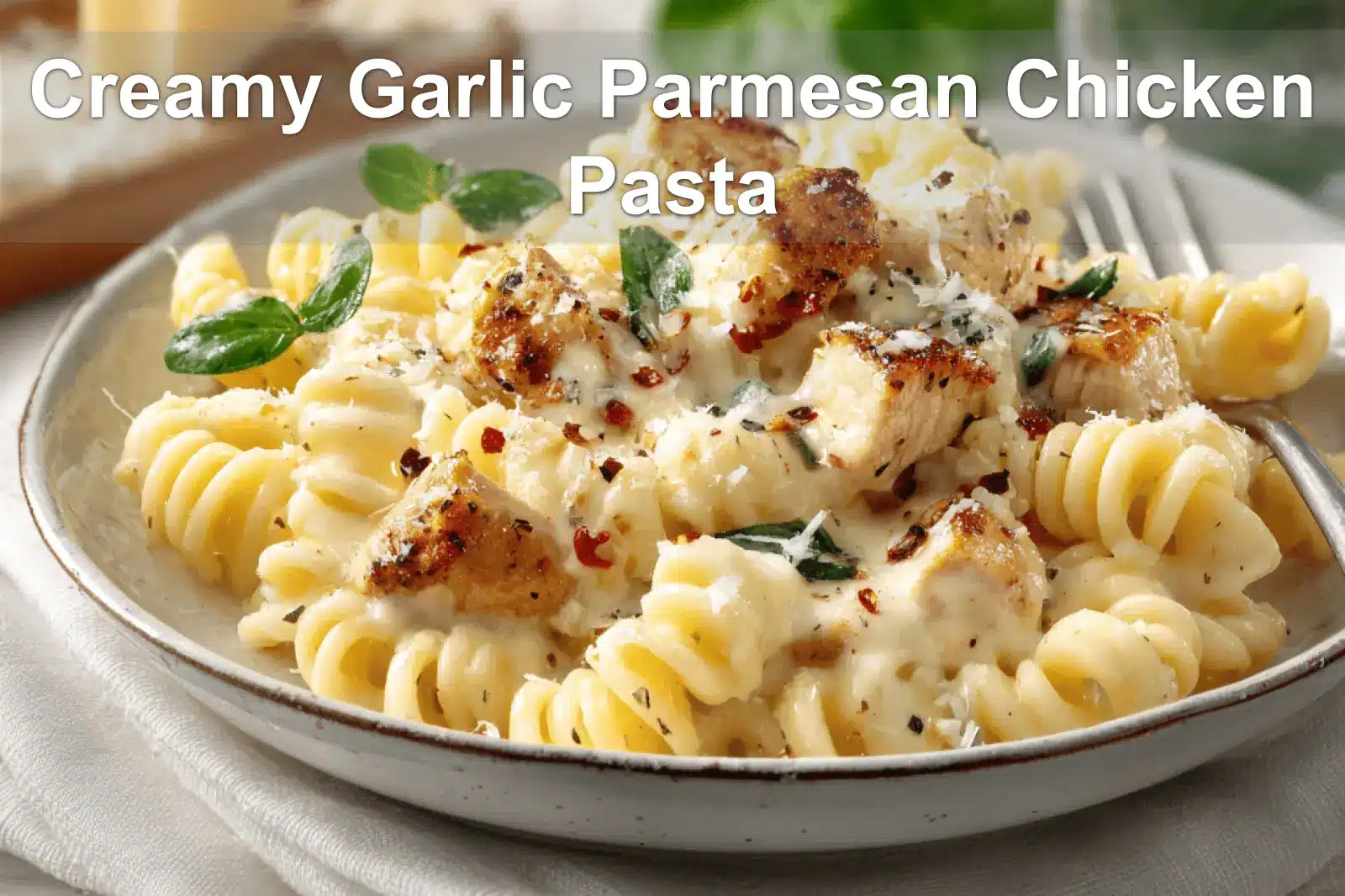 Creamy Garlic Parmesan Chicken Pasta: Restaurant Flavor at Home 3 Creamy Garlic Parmesan Chicken Pasta plated on white napkin with herbs and glass of water