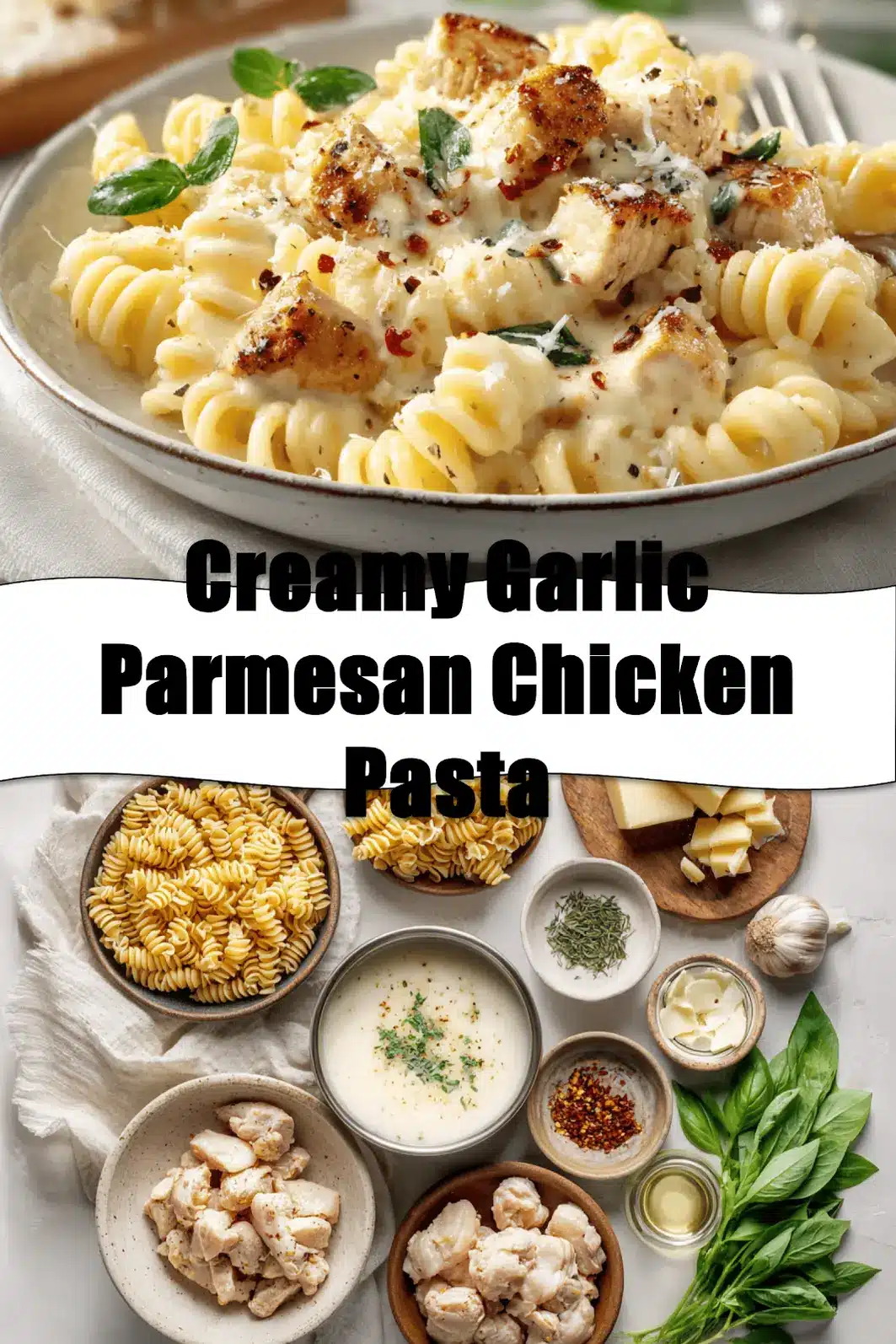 Creamy Garlic Parmesan Chicken Pasta: Restaurant Flavor at Home 2 Creamy Garlic Parmesan Chicken Pasta plated on white napkin with herbs and glass of water_pin