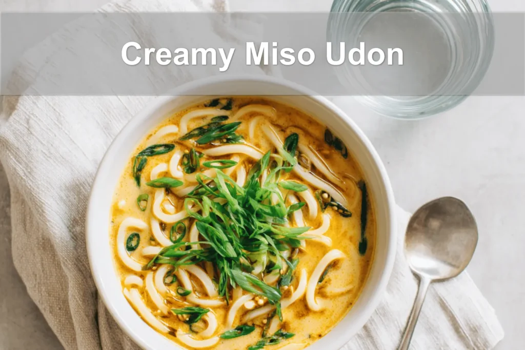 Bowl of Creamy Miso Udon with green onions in warm natural light