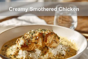 Creamy Smothered Chicken in a white bowl on a table with white napkin and glass of water.