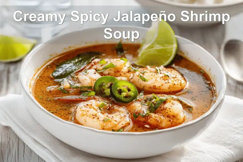 Creamy Spicy Jalapeño Shrimp Soup in a warm bowl garnished with lime and fresh green herbs