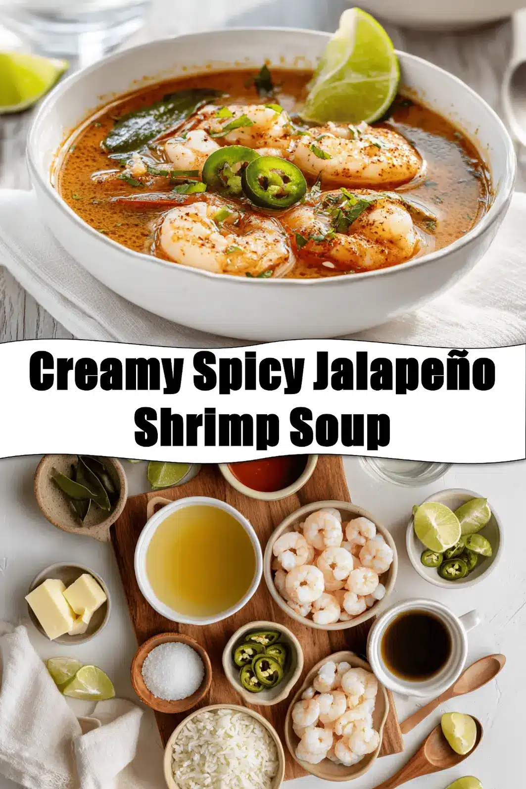 Creamy Spicy Jalapeño Shrimp Soup in a warm bowl garnished with lime and fresh green herbs_pin