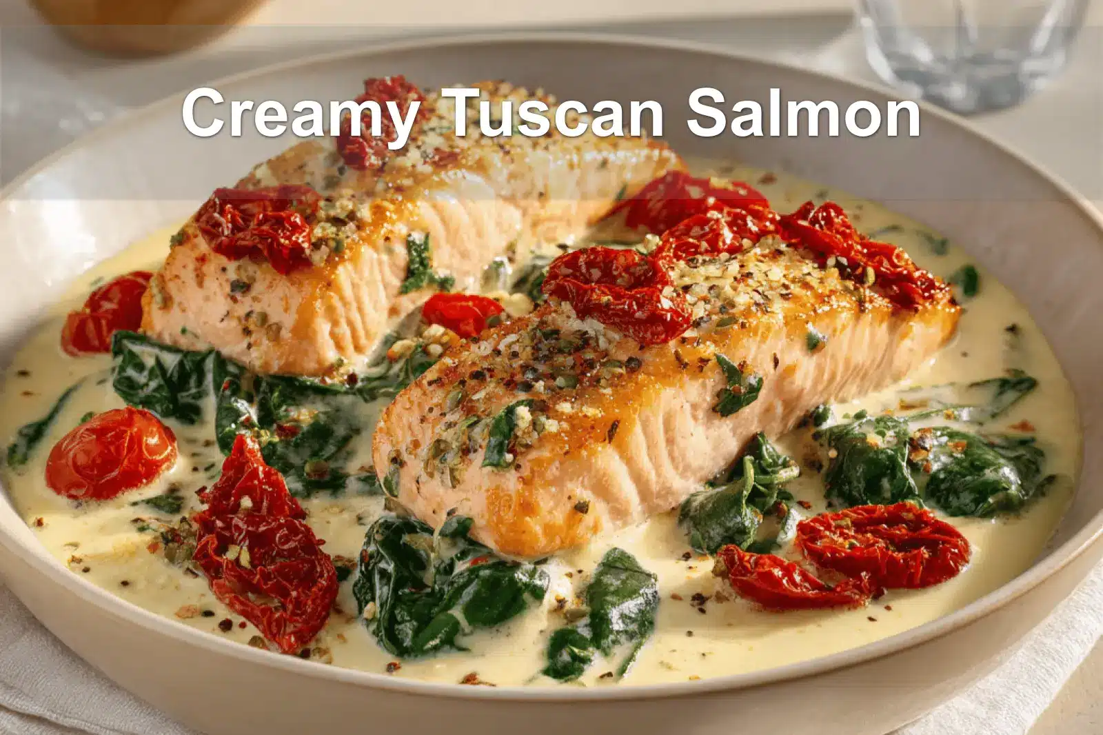 Creamy Tuscan Salmon plated with sun dried tomatoes spinach and creamy white sauce