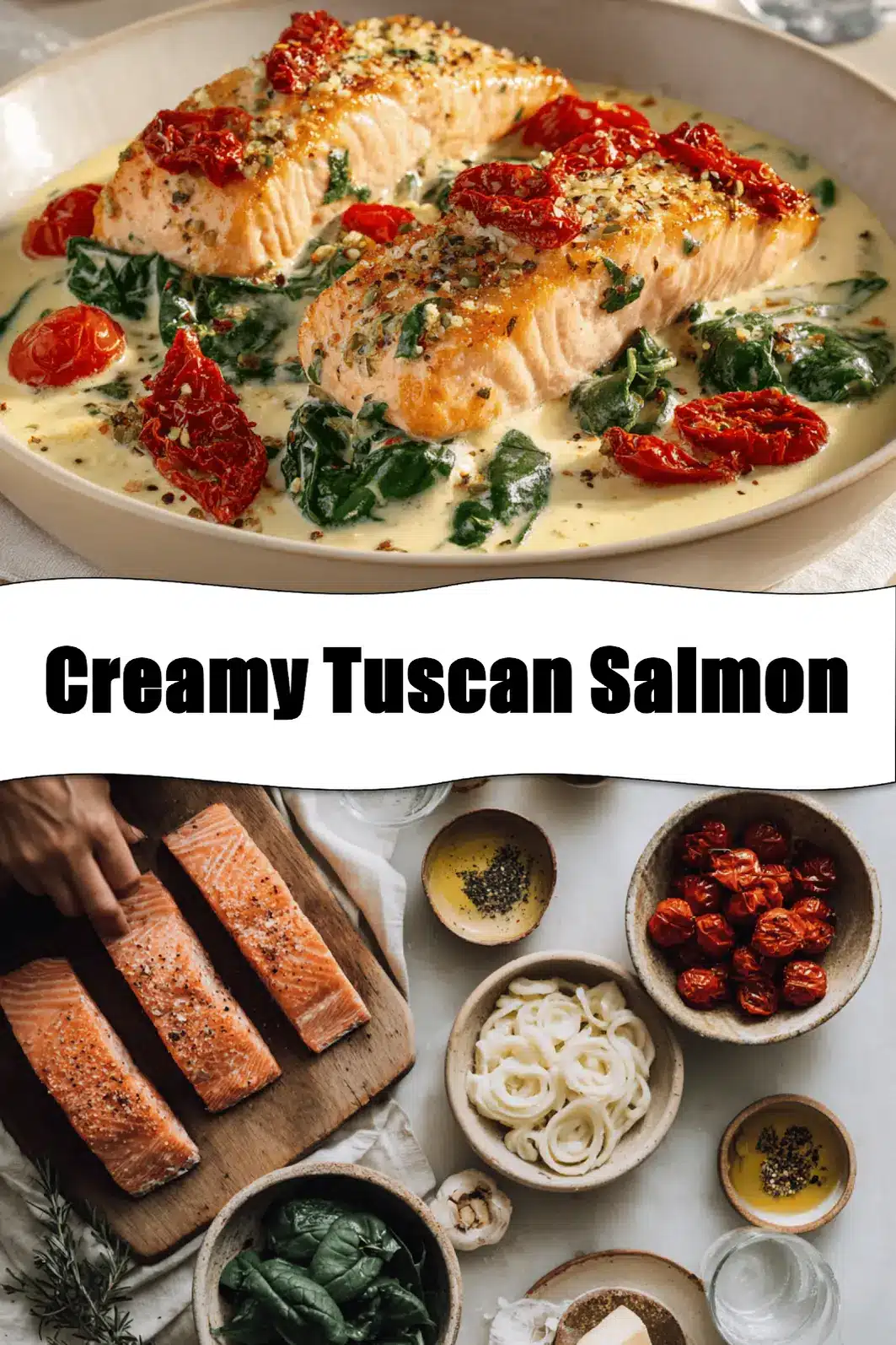 Creamy Tuscan Salmon plated with sun dried tomatoes spinach and creamy white sauce_pin