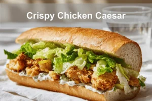 Crispy Chicken Caesar sandwich beautifully plated with golden bread and creamy filling