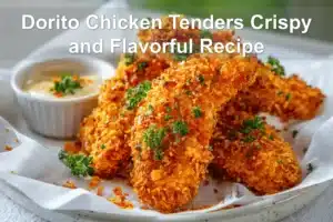 Dorito Chicken Tenders Crispy and Flavorful Recipe golden crispy Dorito coated chicken pieces on white napkin