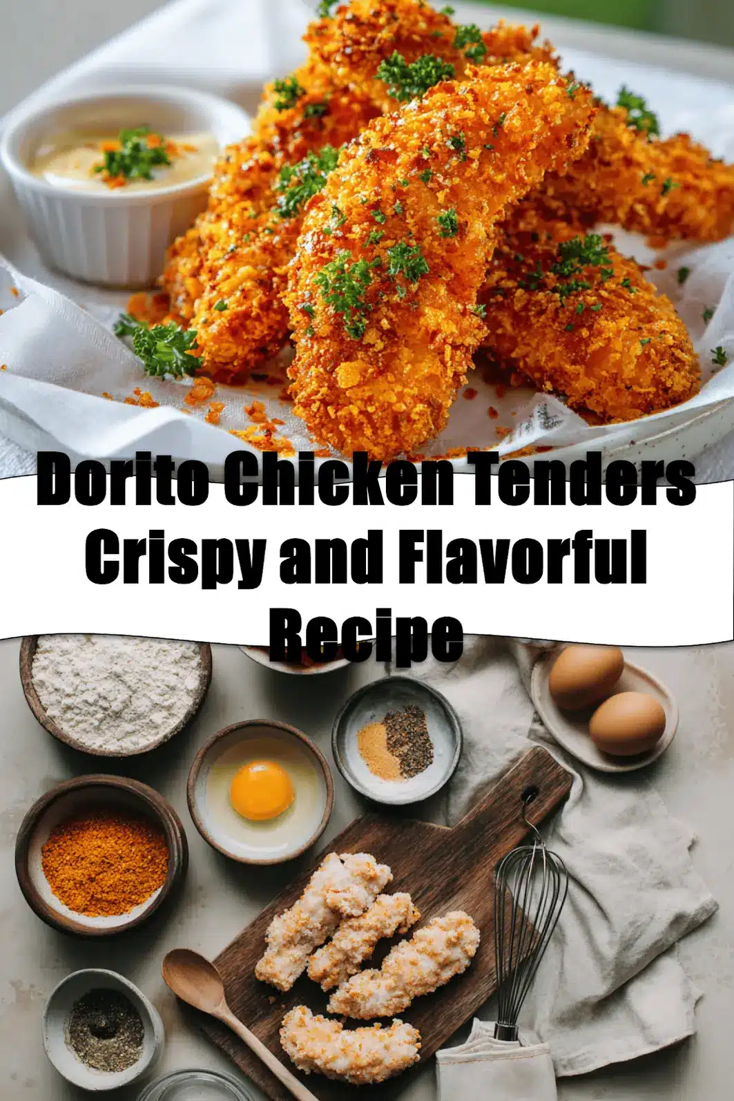 Dorito Chicken Tenders Crispy and Flavorful Recipe golden crispy Dorito coated chicken pieces on white napkin_pin