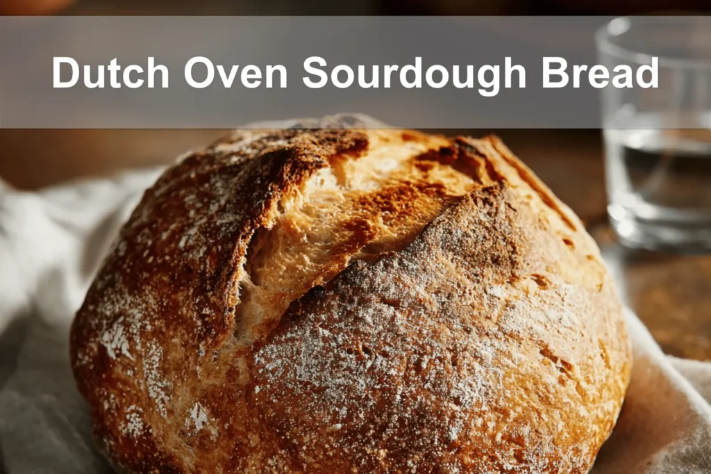 Dutch Oven Sourdough Bread presented on white cloth with clear glass of water beside it