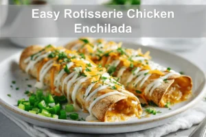 Easy Rotisserie Chicken Enchilada beautifully presented with toppings and soft colors