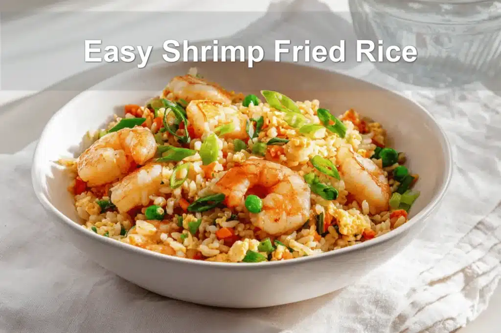 Easy Shrimp Fried Rice plated on white napkin with glass of water warm natural light