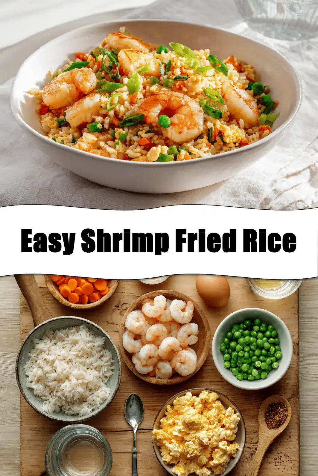 Easy Shrimp Fried Rice plated on white napkin with glass of water warm natural light_pin