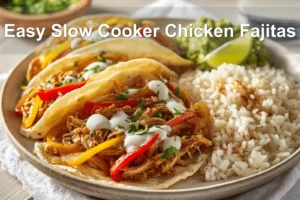 Easy Slow Cooker Chicken Fajitas with shredded chicken peppers rice guacamole lime fresh herbs