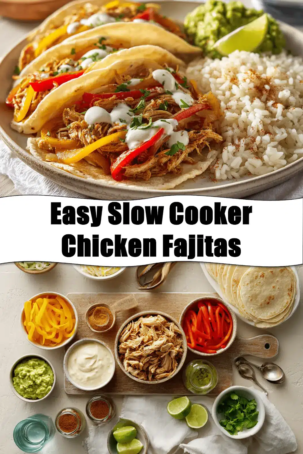 Easy Slow Cooker Chicken Fajitas with shredded chicken peppers rice guacamole lime fresh herbs_pin