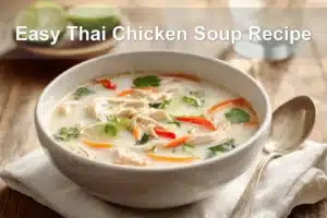 Easy Thai Chicken Soup Recipe creamy coconut broth with chicken pieces colourful peppers and lime