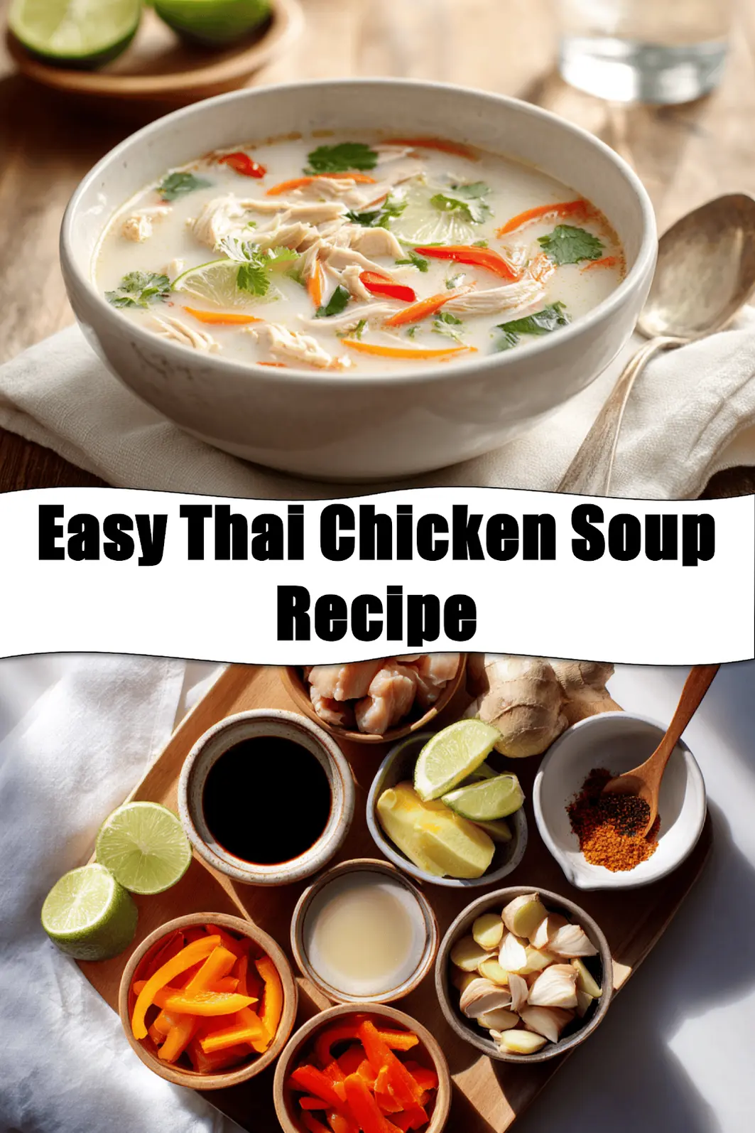 Easy Thai Chicken Soup Recipe creamy coconut broth with chicken pieces colourful peppers and lime_pin