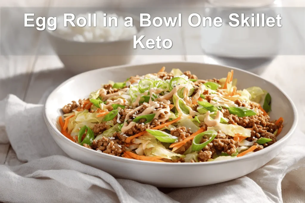 Egg Roll in a Bowl One Skillet Keto aromatic turkey cabbage bowl with sriracha mayo drizzle and sesame