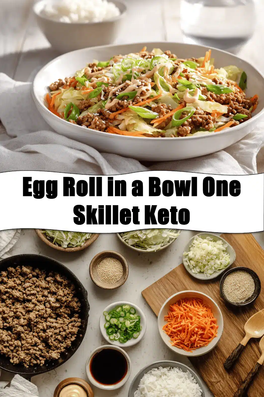 Egg Roll in a Bowl One Skillet Keto aromatic turkey cabbage bowl with sriracha mayo drizzle and sesame_pin