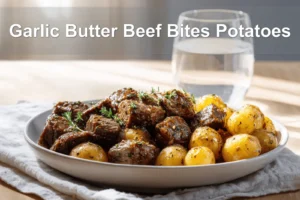Garlic Butter Beef Bites Potatoes plated with roasted baby potatoes and garlic butter glaze