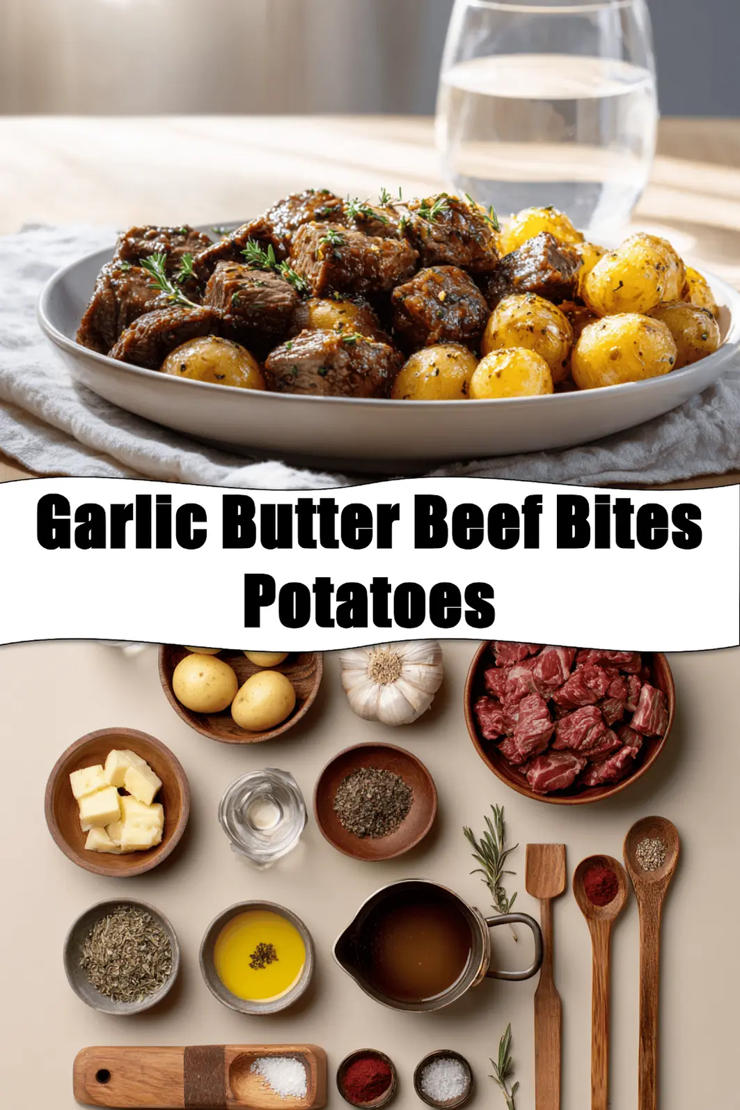 Garlic Butter Beef Bites Potatoes plated with roasted baby potatoes and garlic butter glaze_pin