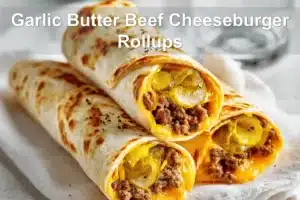 Garlic Butter Beef Cheeseburger Rollups on white napkin with melted cheese and pickles