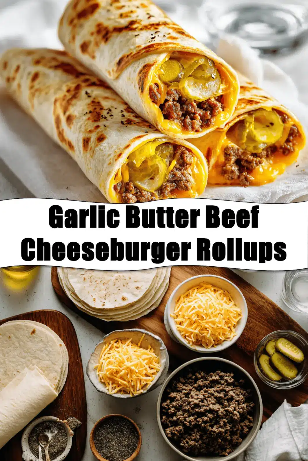 Garlic Butter Beef Cheeseburger Rollups on white napkin with melted cheese and pickles_pin