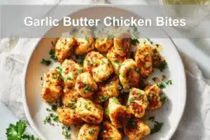 Garlic Butter Chicken Bites plated beautifully, garnished with parsley, and paired with a clear water glass