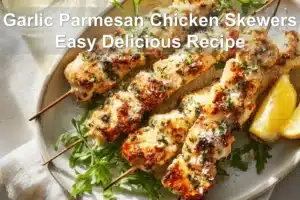 Garlic Parmesan Chicken Skewers Easy Delicious Recipe plated skewers with cheese herbs and lemon