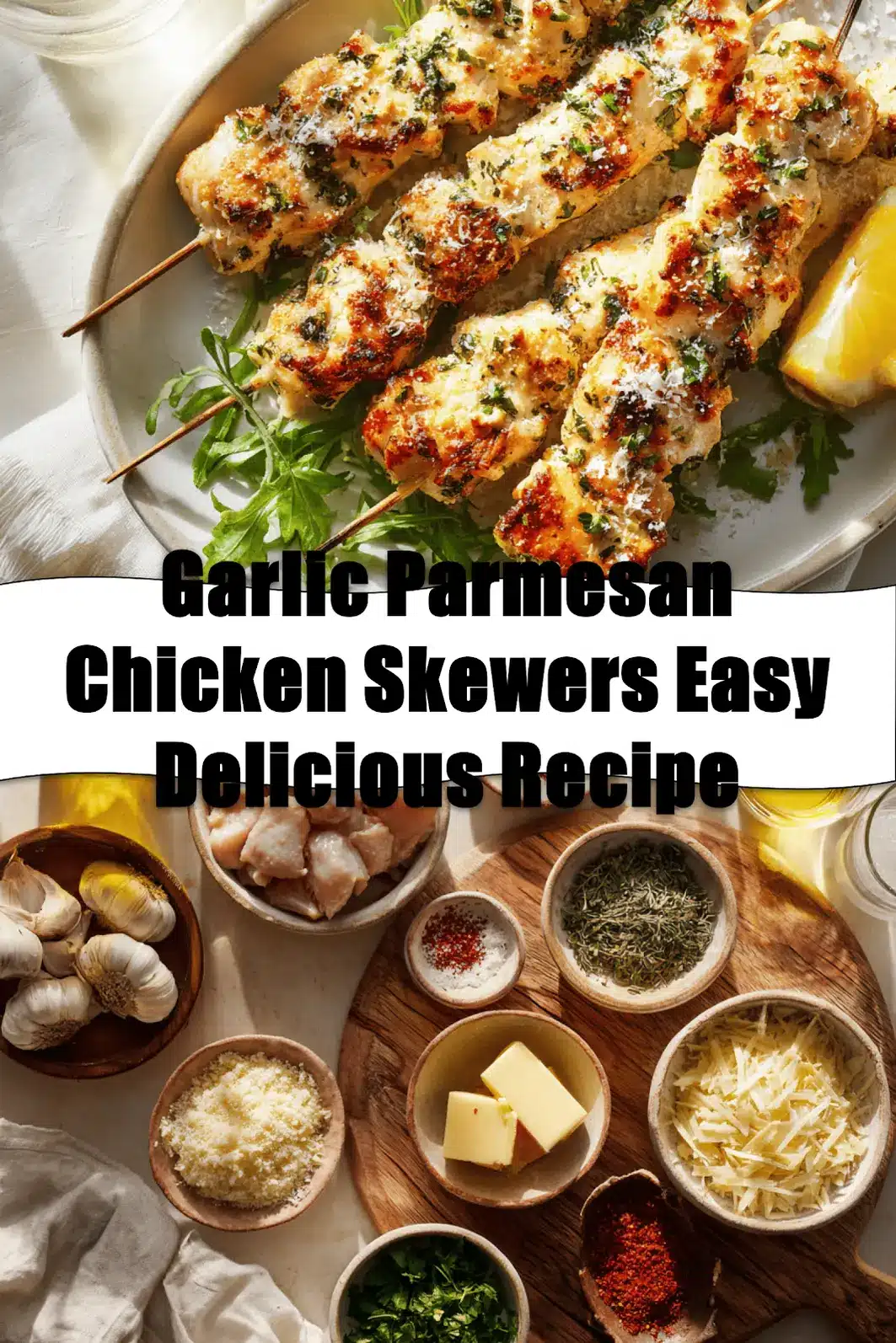 Garlic Parmesan Chicken Skewers Easy Delicious Recipe plated skewers with cheese herbs and lemon_pin